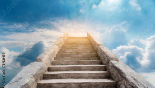 Stone stairs rises to haven, blue sky with white clouds. Freedom and dream concept. photo