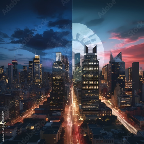 Time-lapse of a cityscape transitioning from day to night