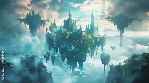 Fantasy Floating Castles Amongst Clouds Digital art of ethereal floating castles suspended in a dreamlike cloudscape, invoking a sense of fantasy and adventure.