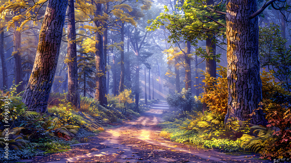 Autumnal Forest Path: Sunlit Foliage, Fog, and Tranquility in a Woodland Scene
