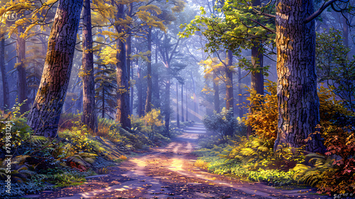 Autumnal Forest Path: Sunlit Foliage, Fog, and Tranquility in a Woodland Scene © Rabbi