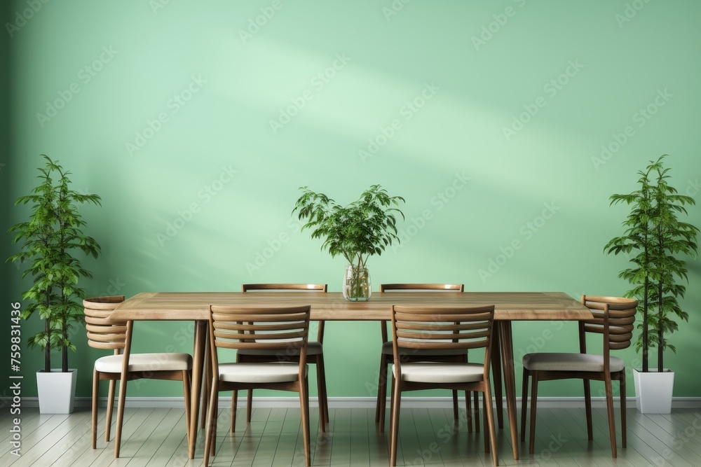 Fototapeta premium Modern scandinavian dining room interior with wooden table and chairs against green wall
