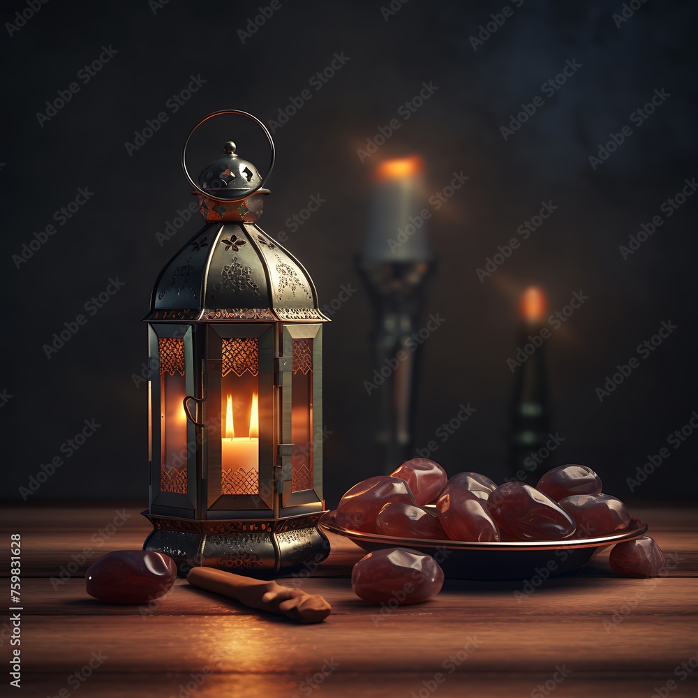 Ramadan Kareem greeting card. Ramadan lantern with dates and burning candle on wooden table