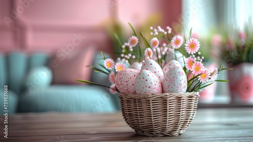 White speckled Easter eggs in a woven basket with daisy blooms create a sense of freshness and purity in a home environment