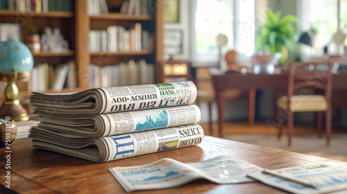 A stack of financial newspapers with headlines about a booming stock market placed on a wooden desk in a cozy home office.