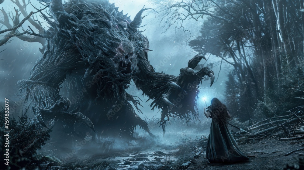 Obraz premium The Witch Woman faces a huge and scary monster in the forest AI generated image