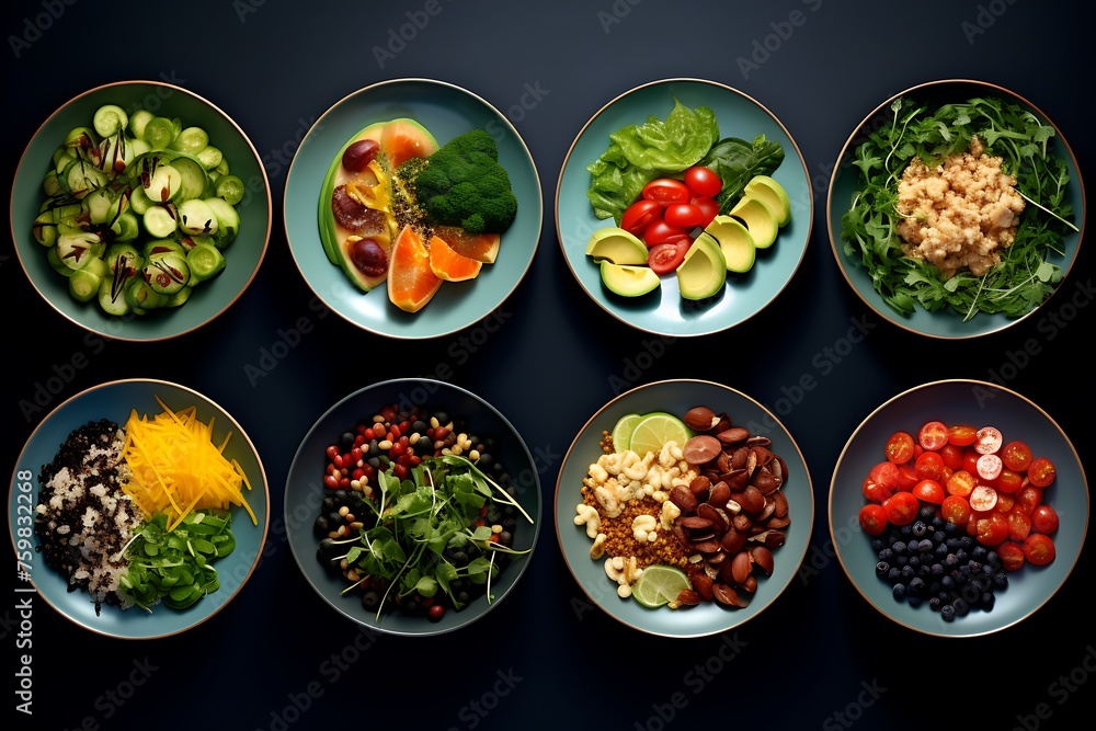 Healthy food in bowls on a dark background. Top view. Healthy food in bowls on a dark background. Top view.