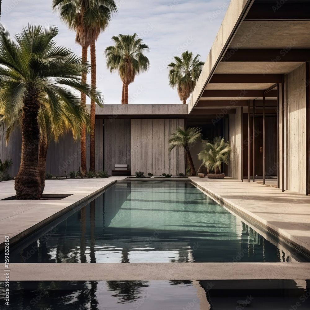 Outdoor color daytime photograph of a swimming pool in the enclosed courtyard of a concrete brutalist house, pale sky and palm-trees. From the series “Golden Age.