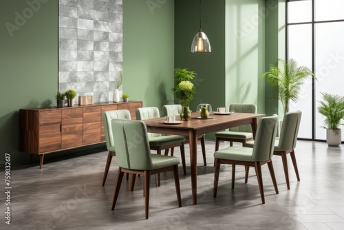 Scandinavian mid-century dining room interior with wooden table  chairs  and green wall decor