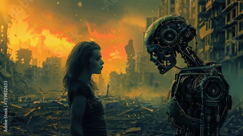 Woman and cyborg alien robot looking at each other attentively AI generated image photo