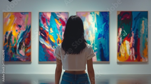 A modern art gallery, a smiling model girl appreciating abstract paintings.