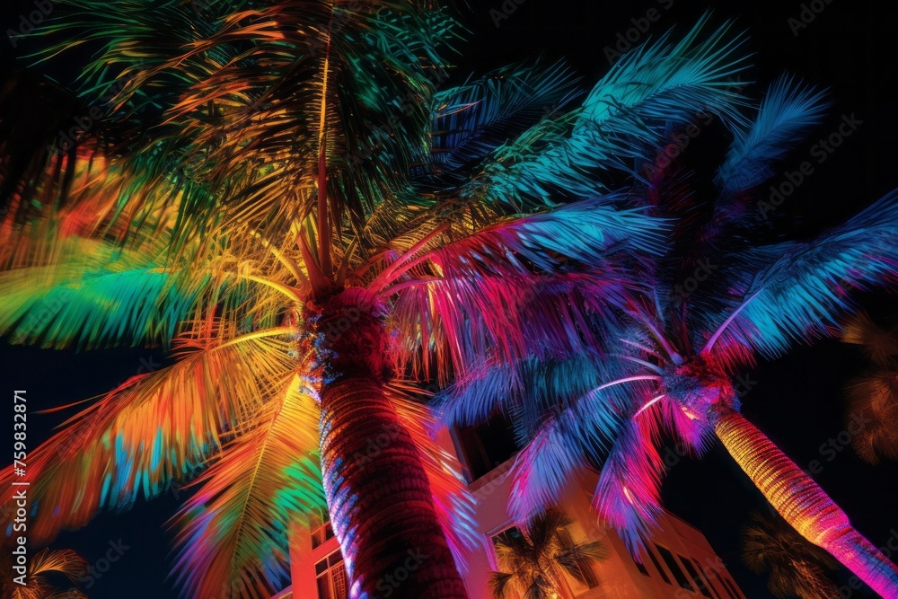 Low-angle bottom-up close-up nighttime photograph of palm-trees illuminated by colored lights. From the series “Golden Age,