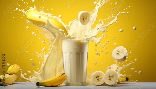 Bananas in a splash of juice on a black background. 3d rendering