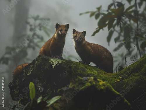 Background pattern with Nilgiri martens in a foggy photo