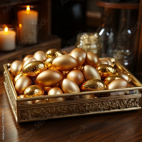 A collection of golden eggs in a metal tray of luxury and abundance. Concept: illustration of wealth and finance, investment or as an element of interior design