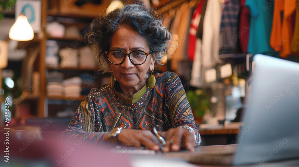 Boutique owner working on a laptop Boutique owner working on a laptop