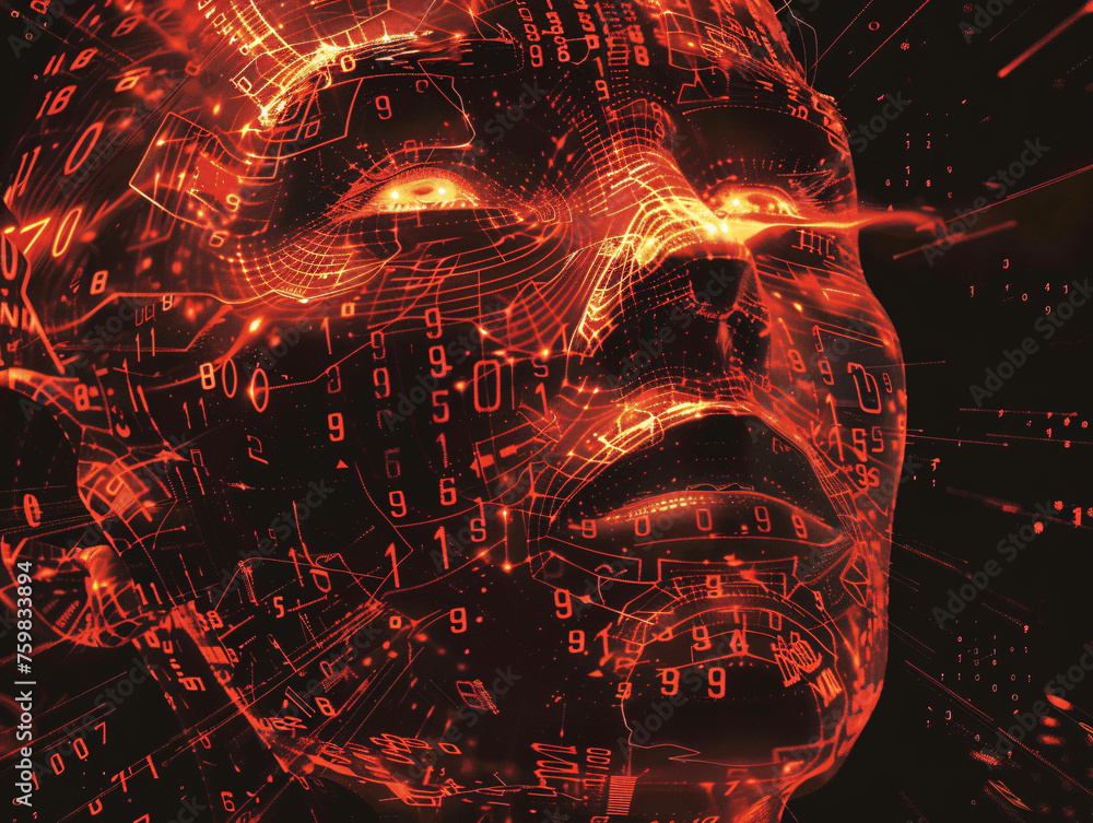 Naklejka premium Abstract Digital Human Profile, Binary Code Human Visage, Cyberspace Entity Representation, 