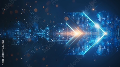 Abstract blue arrow glowing with lighting and line grid on blue background technology