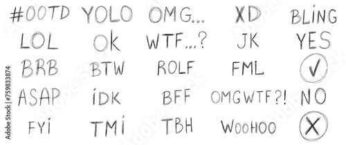 set of handwritten words abbreviations, emotions, abbreviations, acronyms and initialisms on a white background. Elements for social networks, posts, publications