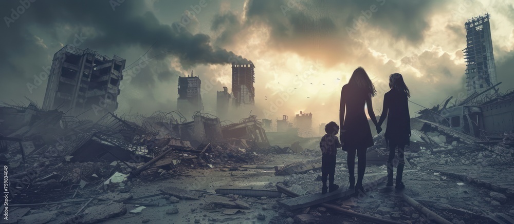A woman and children are looking at a city with buildings destroyed by disasters and war AI generated image - obrazy, fototapety, plakaty 