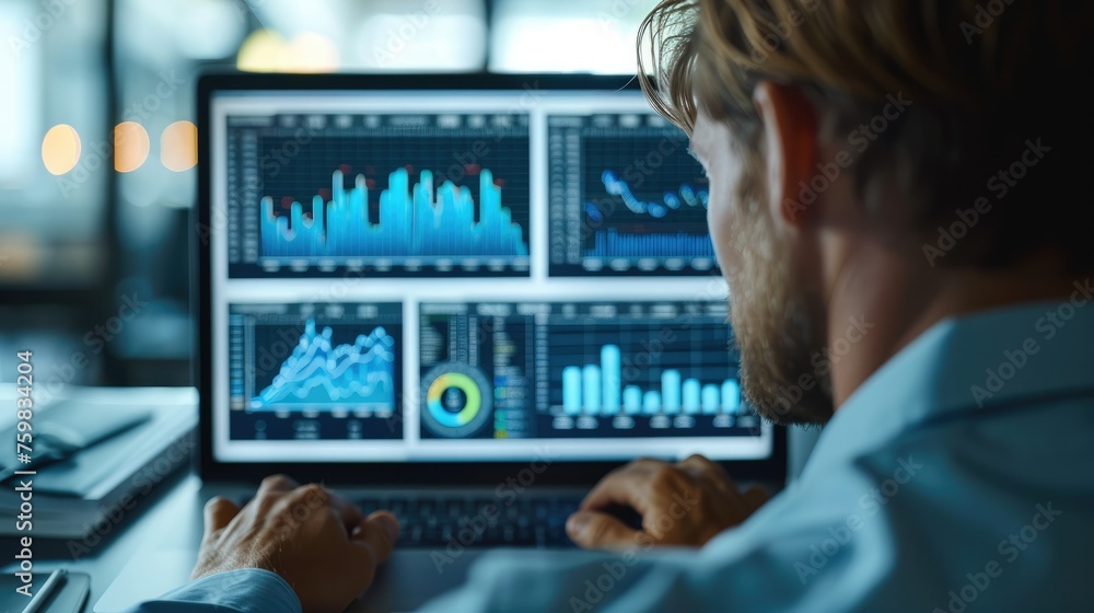 Business Dashboard Concept, businessman analyzing business diagram on laptop at workplace, marketing statistics and finance market graphs on laptop monitor. Generative AI. Business Dashboard Concept, businessman analyzing business diagram on laptop at workplace, marketing statistics and finance market graphs on laptop monitor. Generative AI.