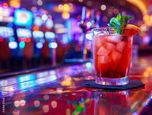 Cocktail on casino floor close-up with game in background