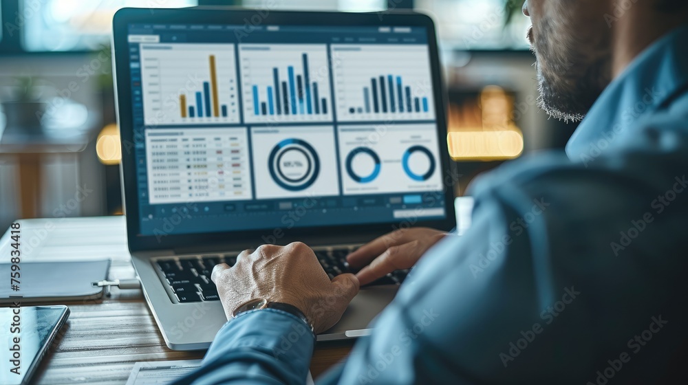 Businessman using computers to monitor stock figures, analyzing business diagram, marketing statistics and finance market graphs on laptop monitor in the office. Generative AI. Businessman using computers to monitor stock figures, analyzing business diagram, marketing statistics and finance market graphs on laptop monitor in the office. Generative AI.