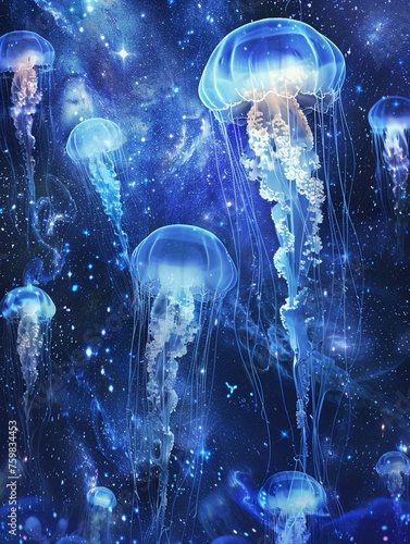 Cosmic CG wallpaper capturing the ethereal beauty of jellyfish floating in the vast