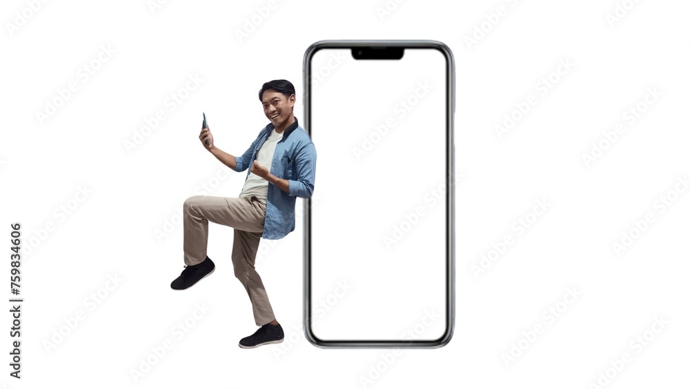 Full size photo of young Asian man rejoice success fists hands hooray goal triumph isolated over white color background Full size photo of young Asian man rejoice success fists hands hooray goal triumph isolated over white color background