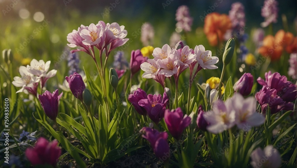 The arrival of spring and a close-up of an outdoor area surrounded by flowers, for print and frame, background wallpaper The arrival of spring and a close-up of an outdoor area surrounded by flowers, for print and frame, background wallpaper