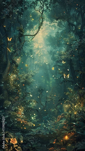Enchanted forest 2D graphic wallpaper where mystical creatures like fauns and sprites dwell photo