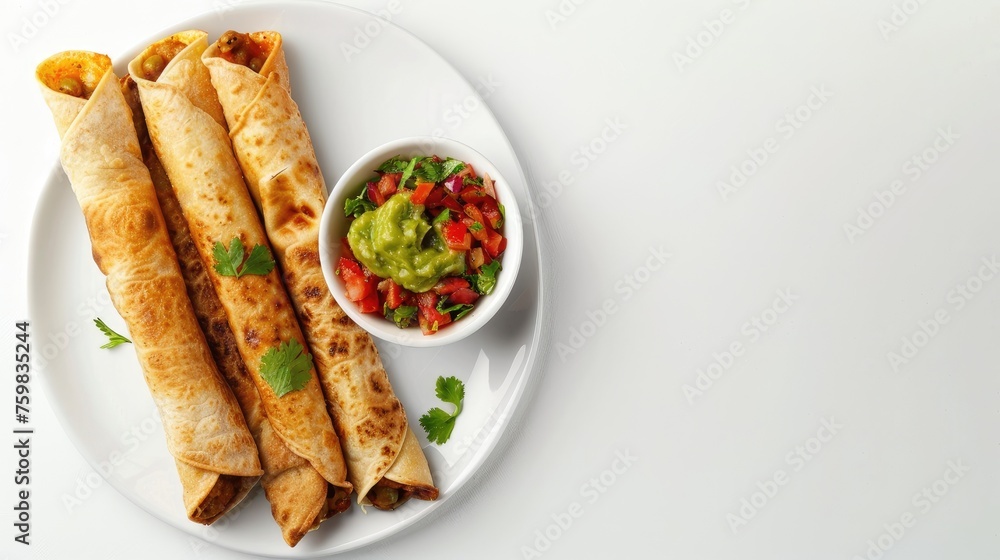 a platter of authentic Mexican flautas, served with vibrant salsa and creamy guacamole, elegantly arranged on a clean white background, with space available for custom text or graphics. a platter of authentic Mexican flautas, served with vibrant salsa and creamy guacamole, elegantly arranged on a clean white background, with space available for custom text or graphics.