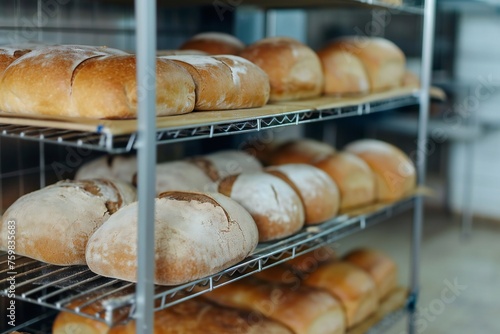 Freshly baked bread on metal racks bakery