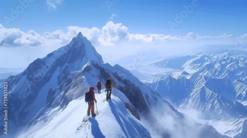 A moment of triumph as friends reach the summit of a snow-covered mountain, with panoramic views stretching below.