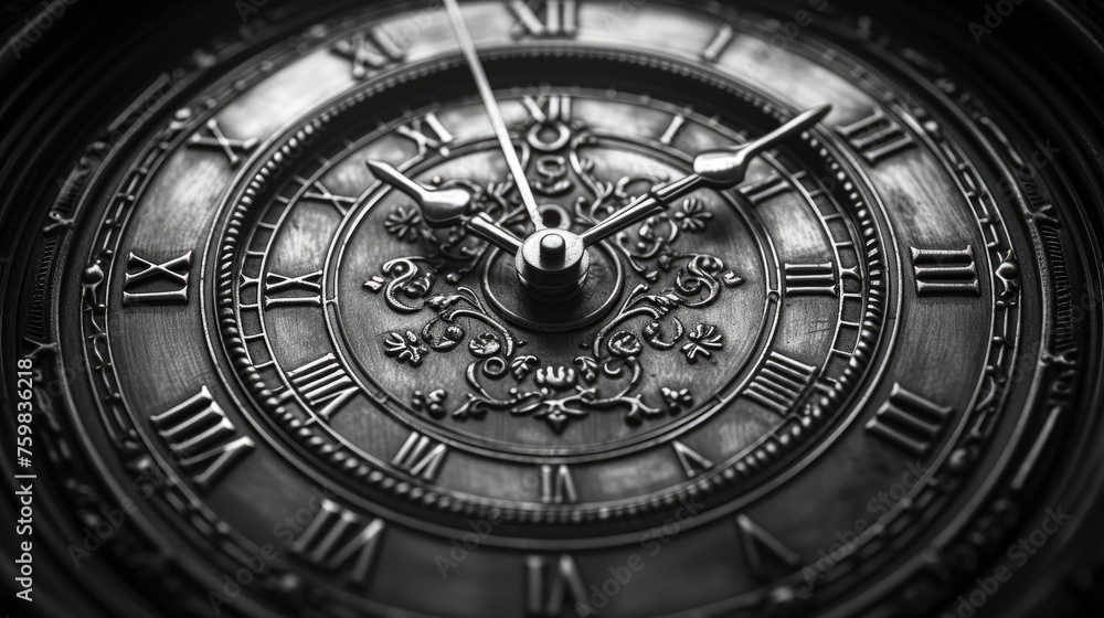 Close-up of an intricate vintage pocket watch with elegant hands on a textured, ornate face, symbolizing timeless elegance.