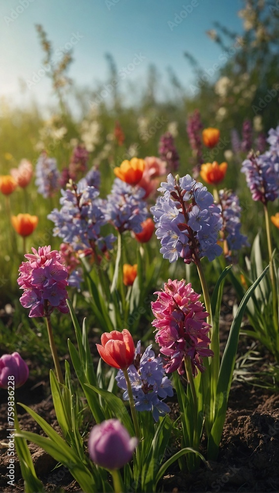 Naklejka premium The arrival of spring and a close-up of an outdoor area surrounded by flowers, for print and frame, background wallpaper