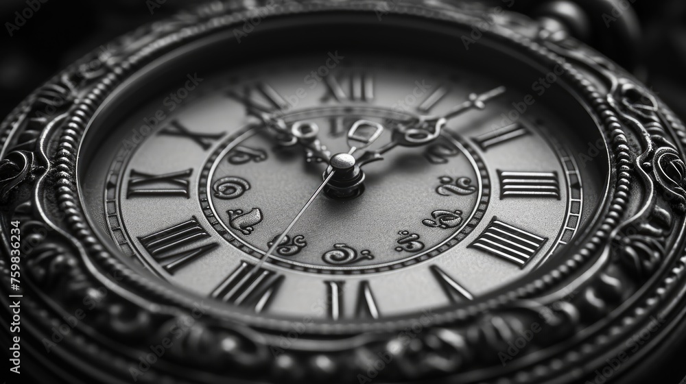 Macro shot of a classic pocket watch with Roman numerals and detailed engraving, exuding a sense of antiquity.