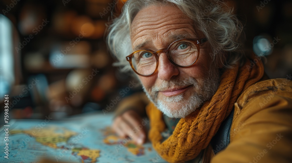 Older man with glasses and a scarf analyzing a world map, thoughtful and dreamy expression. - obrazy, fototapety, plakaty 