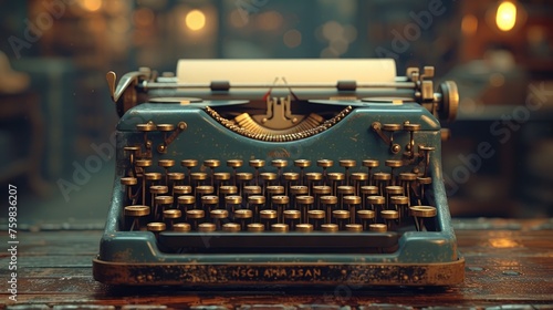 A classic black vintage typewriter with blank paper, illuminated by warm ambient light, awaits a writer's touch.