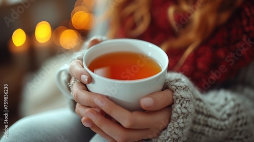 Close-up of hands holding a white mug, conveying warmth and comfort with a soft-focus background.