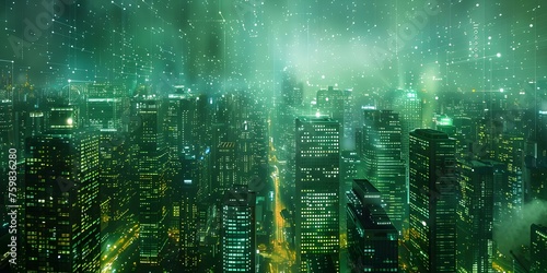 Futuristic cityscape with green matrix backdrop in the digital world. Concept Digital World, Futuristic Cityscape, Green Matrix Backdrop, Sci-Fi Aesthetics