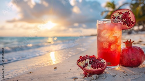 Refreshing Pomegranate juice with fresh pomegranate fruits served against captivating ocean sunset. sand, beach, fruits, summer