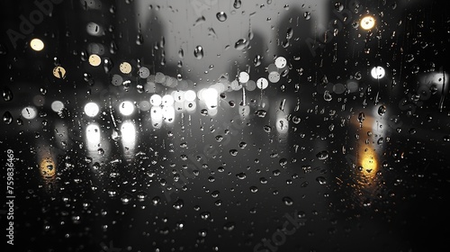 In a monochrome composition, raindrops adorn a window, their presence accentuated by the blurred city lights in the background, evoking a poignant sense of urban solitude.