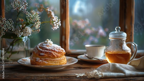 Cozy morning tea time with a warm pot and a sweet almond pastry