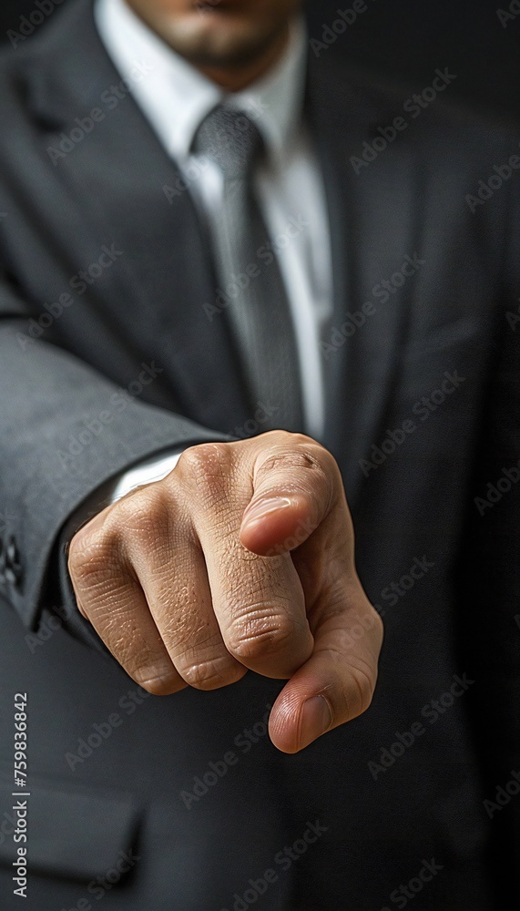 Fototapeta premium Confident businessman black suit pointing directly at camera