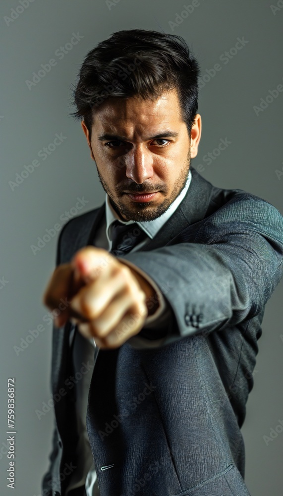 Confident businessman black suit pointing directly at camera