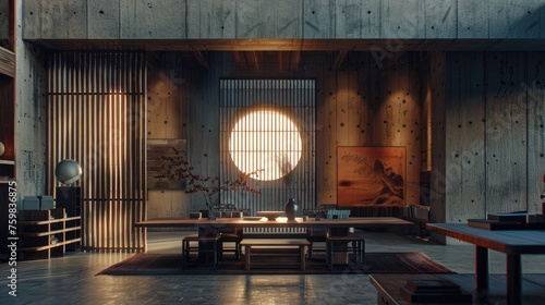 a dining room featuring a wide wooden door, showcasing gravity-defying architecture with stacks of contemporary Chinese art pieces