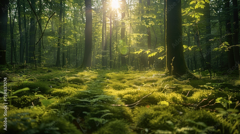 A green Forest with sunlight. Generative AI. A green Forest with sunlight. Generative AI.
