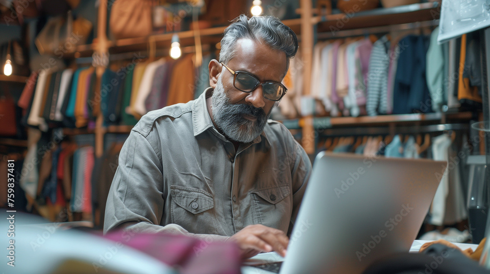 Boutique owner working on a laptop