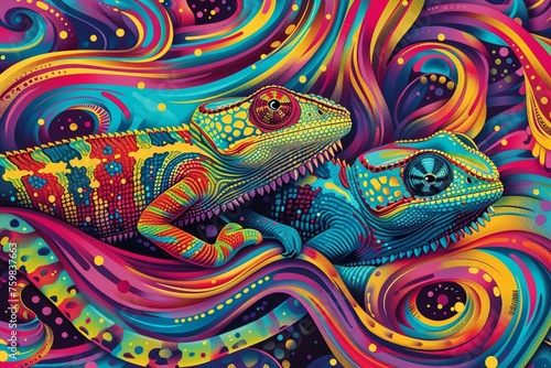 Psychedelic illustrative patterns featuring chameleons changing colors amidst swirling
